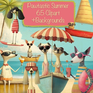 Pacchetto estivo Whimsical Dogs 65 Clipart + 25 Sfondi, creazione di biglietti fai da te, materiali per junk journal, kit per scrapbooking, uso commerciale!