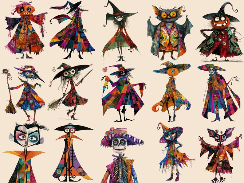 Livfullt Halloween Clipart-paket - 45 nyckfulla designer och 15 bakgrunder, för Halloweenpyssel, scrapbooking och mer, kommersiellt bruk! bild 3