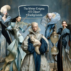 May include: A digital collection titled The Winter Enigma 45 Clipart + Backgrounds featuring five figures in elaborate blue and white gowns, one holding a white fox, another a violin bow, and a tall hourglass standing in the foreground.