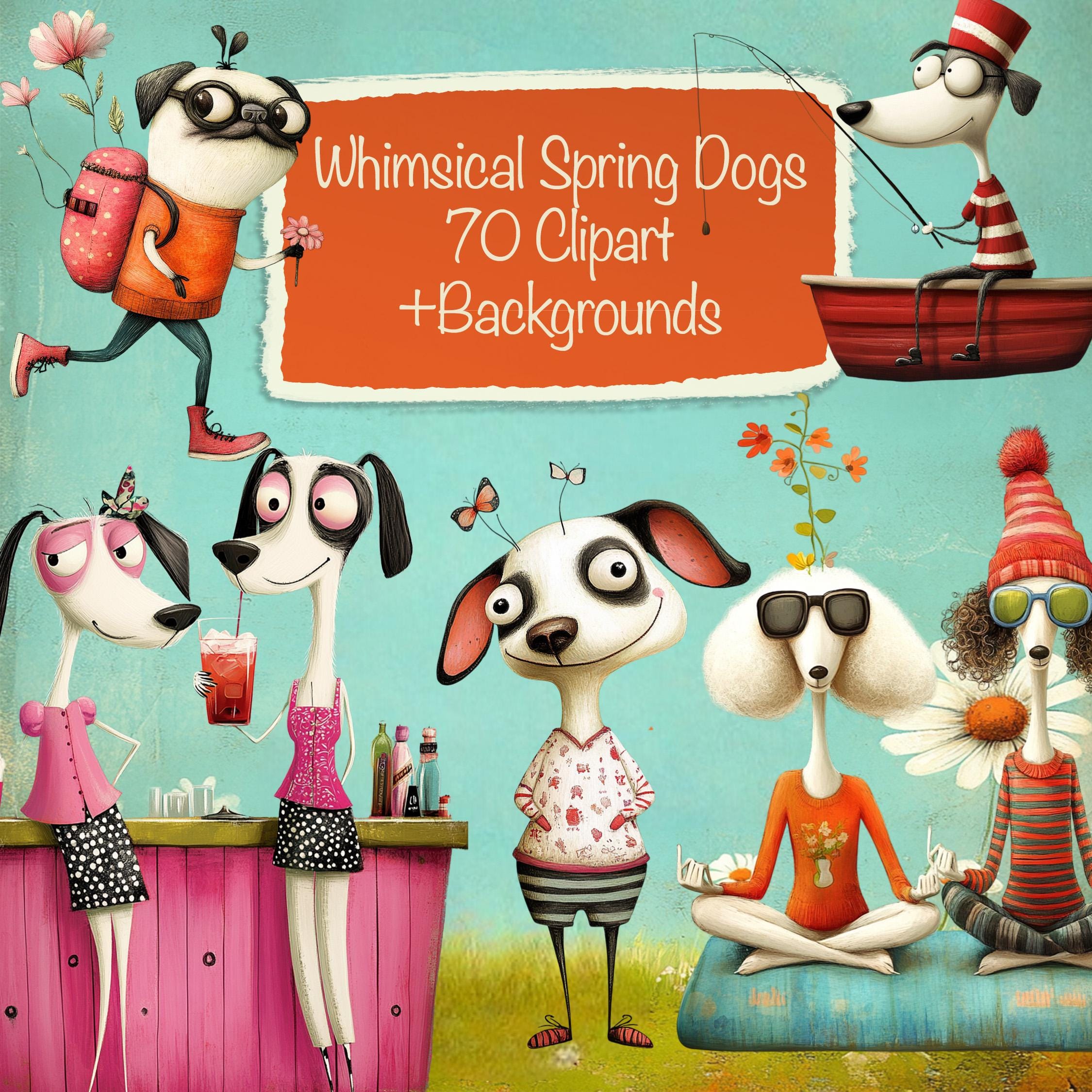 Whimsical Spring Dogs Bundle 70 Clipart + 25 Background, DIY Card ...