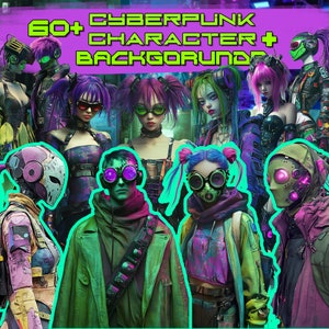 60 personajes Cyberpunk clipart + 30 fondos, adecuados para uso comercial en varios proyectos creativos.