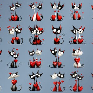 May include: A digital illustration of 16 pairs of black cats with red hearts, each pair in a different pose. The cats are cartoonish and have large eyes. The background is a light blue color.