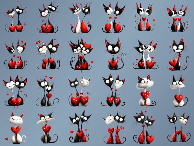 May include: A digital illustration of 16 pairs of black cats with red hearts, each pair in a different pose. The cats are cartoonish and have large eyes. The background is a light blue color.