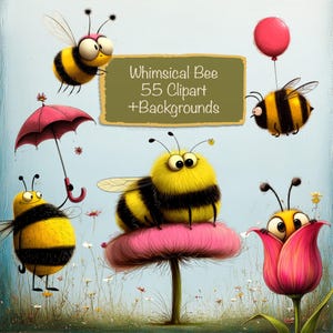 May include: A whimsical digital illustration featuring several cartoon bees with yellow and black stripes. One bee holds a red umbrella, another a red balloon. The image includes the text "Whimsical Bee 55 Clipart +Backgrounds" on a green sign.