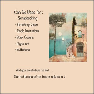 K&ouml;nnte beinhalten: Ein digitales Kunstwerk mit einer K&uuml;stenlandschaft mit einem Geb&auml;ude, Treppen und einem Segelboot auf dem Wasser. Der Text lautet: "Kann verwendet werden f&uuml;r: Scrapbooking, Gru&szlig;karten, Buchillustrationen, Buchcover, digitale Kunst, Einladungen."