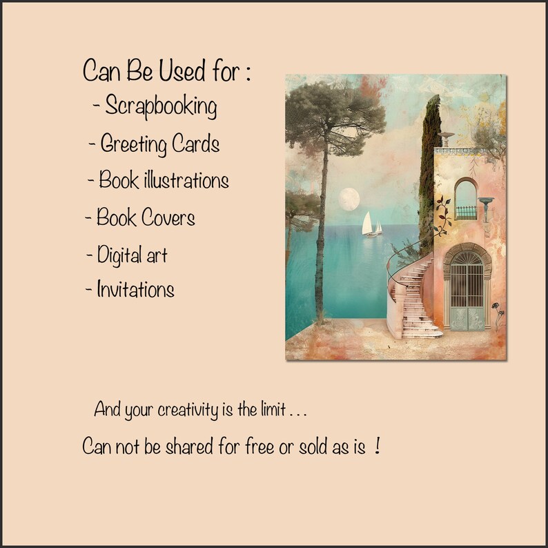 K&ouml;nnte beinhalten: Ein digitales Kunstwerk mit einer K&uuml;stenlandschaft mit einem Geb&auml;ude, Treppen und einem Segelboot auf dem Wasser. Der Text lautet: "Kann verwendet werden f&uuml;r: Scrapbooking, Gru&szlig;karten, Buchillustrationen, Buchcover, digitale Kunst, Einladungen."
