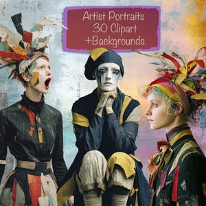 May include: A digital artwork showing three figures in theatrical costumes. The image includes the text "Artist Portraits 30 Clipart + Backgrounds". The subjects have pale skin, striking makeup, and elaborate, colourful headpieces.