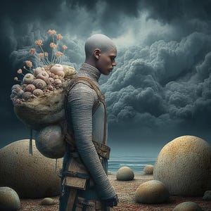 Op de afbeelding: Een persoon in een getextureerde grijze outfit draagt een rugzak met organische vormen en bloemen, tegen een dramatische bewolkte lucht. De sc&egrave;ne omvat grote, gladde stenen op een roodbruine grond, waardoor een surrealistisch landschap ontstaat.