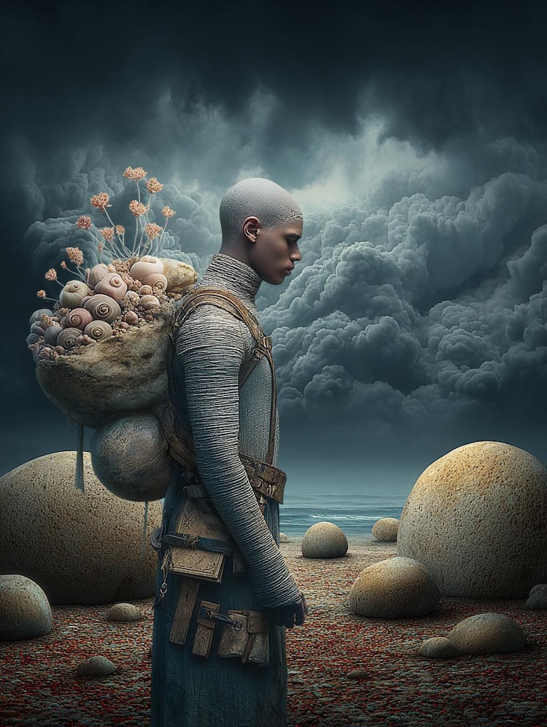 Op de afbeelding: Een persoon in een getextureerde grijze outfit draagt een rugzak met organische vormen en bloemen, tegen een dramatische bewolkte lucht. De sc&egrave;ne omvat grote, gladde stenen op een roodbruine grond, waardoor een surrealistisch landschap ontstaat.