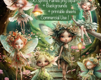 36 Fantasy Whimsical Spring Fairies Clipart Png + 10 Backgrounds + Printable Sheets - For Scrapbook, Junk Journal, Collage, Commercial use!