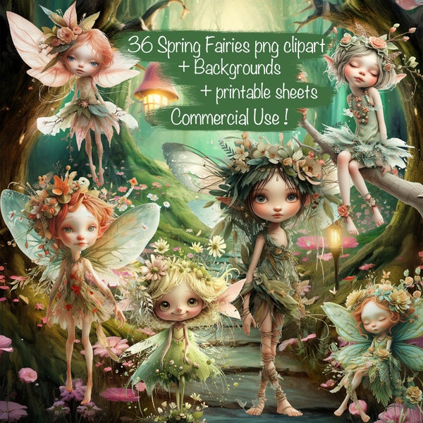 Set of 36 Cute Whimsical Spring  Fairies clipart png + backgrounds + printable sheets,  Commercial use !