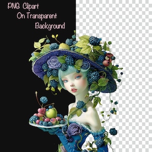 May include: A whimsical illustration of a woman with blue hair wearing a hat adorned with blueberries and green leaves. She is holding a plate of fruit, including blueberries, cherries, and a green apple.
