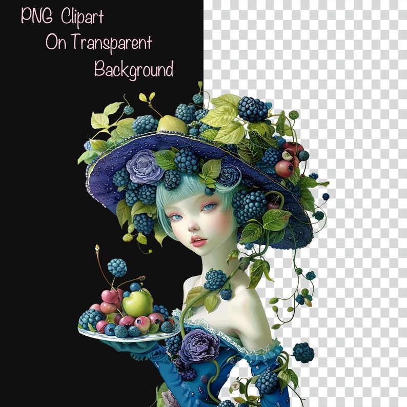 May include: A whimsical illustration of a woman with blue hair wearing a hat adorned with blueberries and green leaves. She is holding a plate of fruit, including blueberries, cherries, and a green apple.