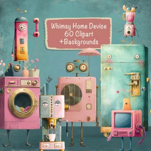 Whimsical Home Device  60 Clipart + 15 Backgrounds, DIY Card, Junk Journal Kit, Scrapbooking Supplies, Commercial use!