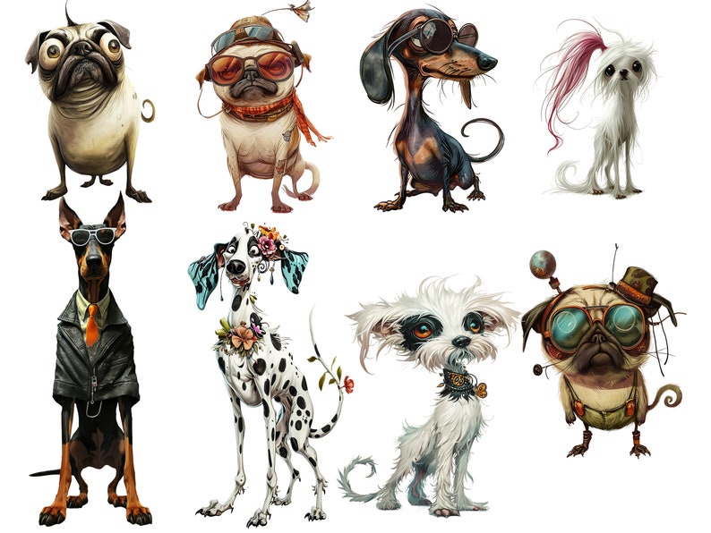 40 Whimsy Dogs Png Clipart + 15 Backgrounds + Printable Sheets, Cards ...