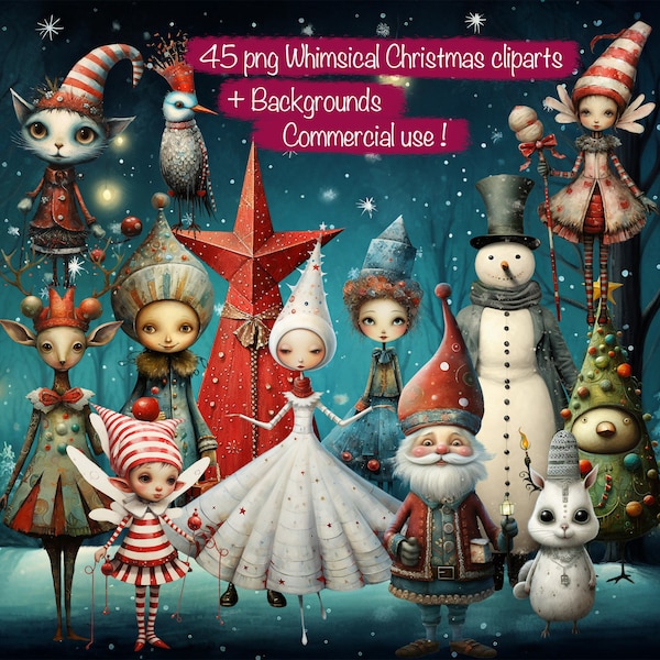 Holiday Christmas Whimsy set of 45 png clipart + 20 backgrounds , Card Making, Collage kit, Junk journal, Commercial Use,