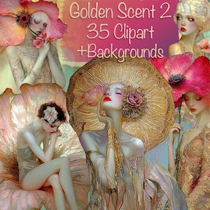 Golden Scent Portraits 35 PNG + 10 sfondi, fai da te, biglietti, kit Junk Journal, forniture per scrapbooking, uso commerciale!