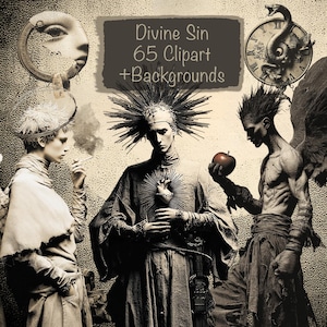 May include: A digital art piece featuring three figures in sepia tones, with a dark aesthetic. The image includes a clock with a serpent, a face, and text that reads "Divine Sin 65 Clipart + Backgrounds". The figures have a gothic style.