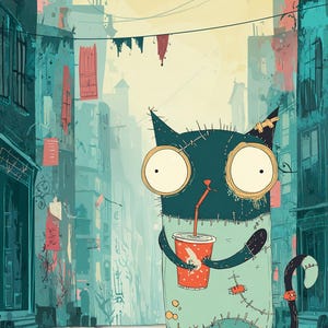 May include: Illustration of a cartoon cat with large eyes, holding a red cup with a straw. The cat is stitched together and stands in a city street with tall buildings. The color palette is muted with teal, beige, and red accents.