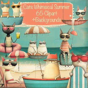 Paquete de verano caprichoso de gatos: 65 imágenes prediseñadas + 25 fondos, fabricación de tarjetas DIY, suministros para diario basura, kit de álbumes de recortes, uso comercial.