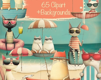 Katzen Wunderliches Sommer Bundle 65 Clipart + 25 Hintergrund, DIY Kartenherstellung, Junk Journal Zubehör, Scrapbook Kit, kommerzielle Nutzung!