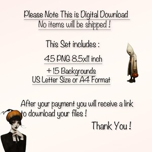 May include: Digital download announcement with text: "Please Note This is Digital Download. No items will be shipped!" Includes 45 PNG files, 8.5x11 inch, and 15 backgrounds. US Letter Size or A4 format.
