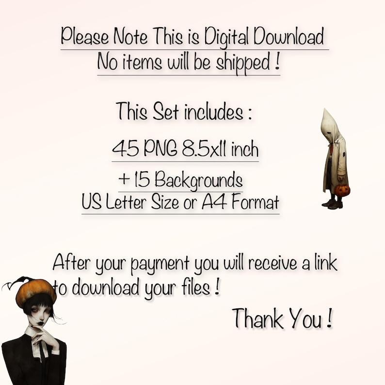 May include: Digital download announcement with text: "Please Note This is Digital Download. No items will be shipped!" Includes 45 PNG files, 8.5x11 inch, and 15 backgrounds. US Letter Size or A4 format.