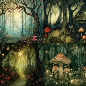 May include: A digital painting of a magical forest with glowing mushrooms and a path leading into the woods. The forest is filled with tall trees and lush greenery. The mushrooms are red and white with white spots. The path is lit by a soft, golden light.