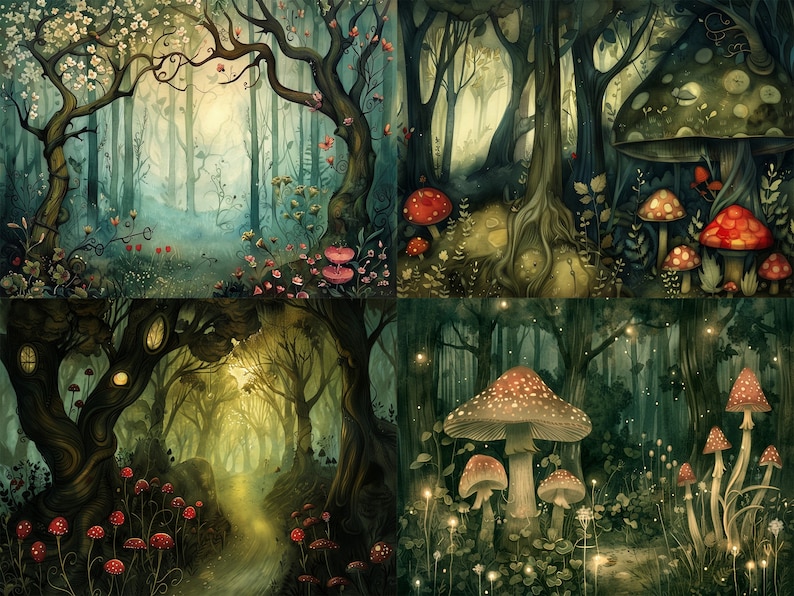 May include: A digital painting of a magical forest with glowing mushrooms and a path leading into the woods. The forest is filled with tall trees and lush greenery. The mushrooms are red and white with white spots. The path is lit by a soft, golden light.