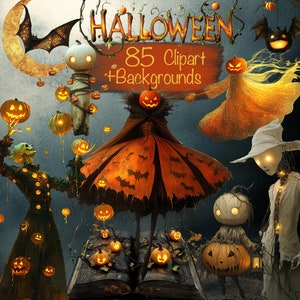May include: Halloween clipart and backgrounds featuring a variety of spooky characters and pumpkins. The characters include a witch, a ghost, a scarecrow, and a bat. The pumpkins are orange and have carved faces. The background is a dark forest with a book in the center.