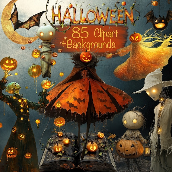 85 Quirky Halloween Characters + 20 Backgrounds - For Crafts, Junk Journal, Scrapbook Kit, Collage, Commercial use!