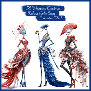 Set of 35 Whimsical Extravagant Fashion Birds clipart png + printable sheets,  Commercial use