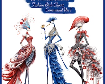 Set of 35 Surreal Whimsical Extravagant Fashion Birds Clipart Png + Printable Sheets - Scrapbook Supplies, Junk Journal Kit, Commercial use