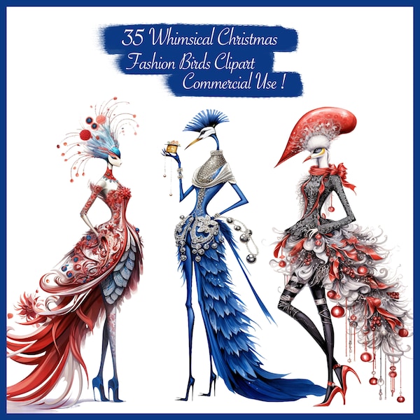 Set of 35 Whimsical Extravagant Fashion Birds clipart png + printable sheets,  Commercial use