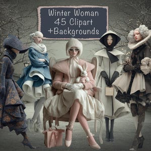 以下が含まれることがあります： 冬の服装をした複数の人物を描いた芸術的なデジタルイラスト。 画像には、ピンクのコートを着た中心人物とぬいぐるみウサギが含まれており、さまざまな冬のコートとドレスを着た他の人物に囲まれています。 テキスト「Winter Woman 45 Clipart + Backgrounds」が含まれています。
