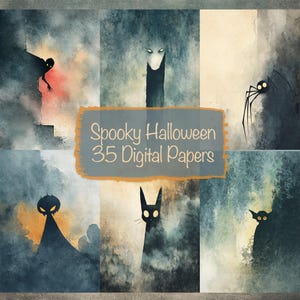 Pode incluir: Uma coleção de papéis digitais com tema de Halloween assustador. A arte apresenta silhuetas de monstros, aranhas e outras figuras assustadoras em um fundo de azuis, cinzas e laranjas suaves. O texto "Spooky Halloween 35 Digital Papers" é exibido.