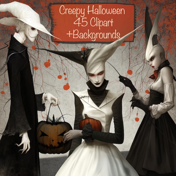 Creepy Halloween Characters , 45 Clipart Bundle +  15 Backgrounds, For Crafts, Cards, Junk Journal, Scrapbook, Collage, Commercial use!