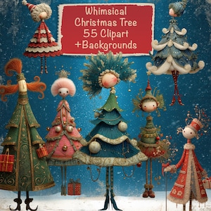 May include: A collection of whimsical Christmas tree clip art and backgrounds. The image features several stylized Christmas trees with doll-like figures, in various colors including green, red, pink, and blue, set against a snowy blue backdrop. The text "Whimsical Christmas Tree 55 Clipart + Backgrounds" is displayed.