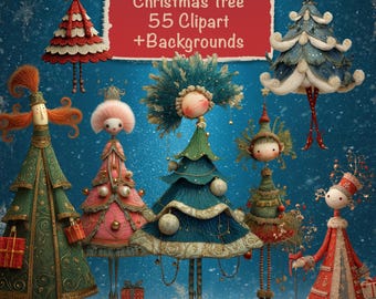 Whimsical Christmas Tree Characters , 55 Clipart Bundle +  20 Backgrounds, For Cards, Junk Journal, Scrapbook, Collage, Commercial use!