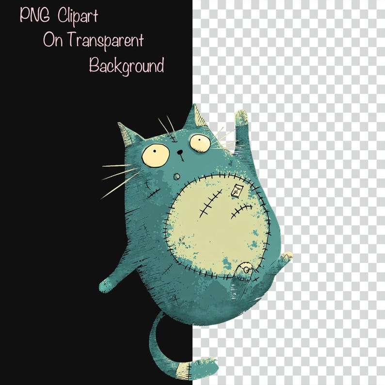 May include: A cartoon illustration of a blue cat with a large, patched belly. The cat has large yellow eyes and a whimsical expression. The image includes the text "PNG Clipart On Transparent Background" in a handwritten style font.