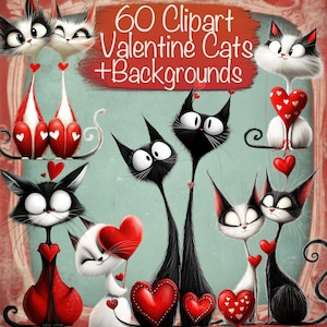 Lot de 60 personnages chats fantaisistes de la Saint-Valentin + 20 arrière-plans, fabrication de cartes à faire soi-même, fournitures pour journal indésirable, kit de scrapbooking, usage commercial !