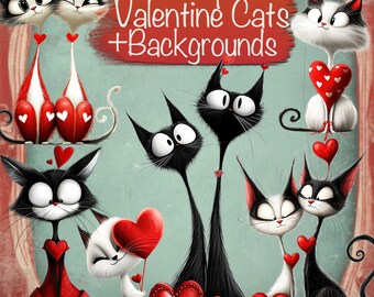 60 Whimsical Valentine Cats Characters Bundle + 20 Backgrounds, DIY Card Making, Junk Journal Supplies, Scrapbooking Kit, Commercial use!