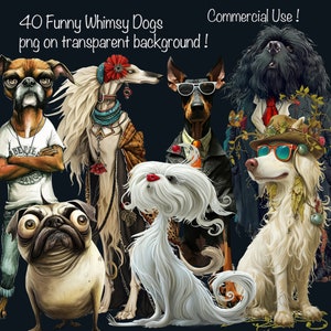 Set of 40 Quirky Whimsy Dogs png + printable sheets, Card Making, Collage kit, Junk journal, Books, Commercial use !