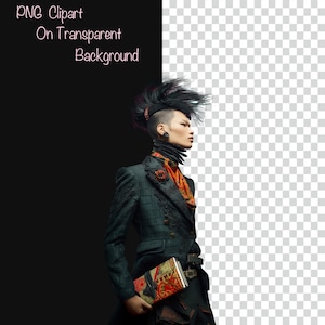 Puede incluir: Una persona con una chaqueta verde oscuro estampada, sosteniendo un libro con un dise&ntilde;o rojo y dorado. La persona tiene un peinado mohawk y lleva una bufanda estampada. La imagen tiene el texto "PNG Clipart On Transparent Background".
