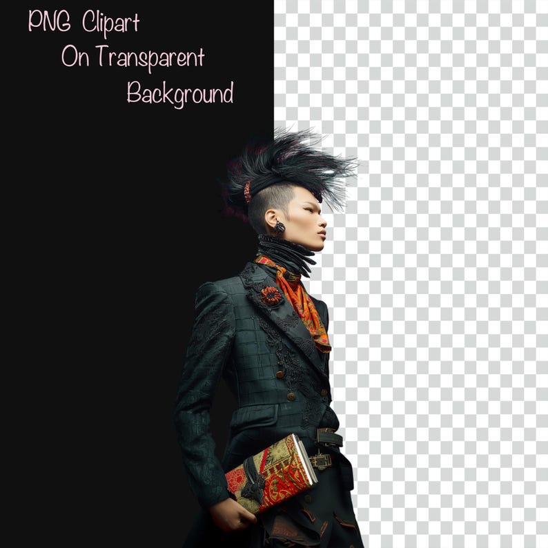 Puede incluir: Una persona con una chaqueta verde oscuro estampada, sosteniendo un libro con un dise&ntilde;o rojo y dorado. La persona tiene un peinado mohawk y lleva una bufanda estampada. La imagen tiene el texto "PNG Clipart On Transparent Background".