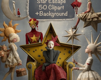 Star Escape Characters  50 Clipart PNG + 15 Backgrounds, DIY, Cards, Junk Journal kit, Scrapbooking Supplies, Commercial use!