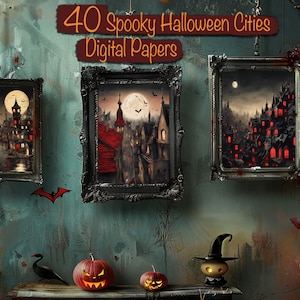 Pacote com 40 papéis digitais assustadores de cidades de Halloween - fundos digitais, para fazer cartões, scrapbook, diário de recortes, para impressão, uso comercial!