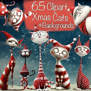Pacchetto da 65 personaggi stravaganti e stravaganti di gatti natalizi + sfondo, creazione di biglietti fai da te, materiali per diari spazzatura, kit per scrapbooking, uso commerciale!