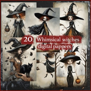 Raccolta di 20 streghe stravaganti, carte digitali, pronte per la stampa per decorazioni murali, biglietti, diari, copertine di libri e molto altro ancora...