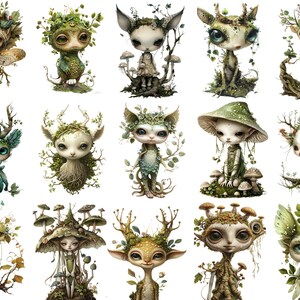 May include: A collection of 18 whimsical illustrations featuring fantastical creatures with antlers, wings, and leafy crowns. The creatures are depicted in a variety of poses, some with mushrooms, others with flowers, and all with a magical, woodland aesthetic.